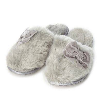 Grey faux fur bow trim mule slippers