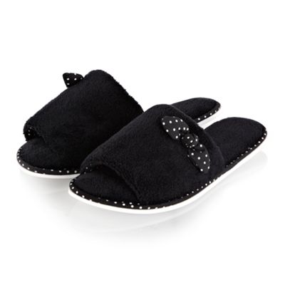 Black spotted bow fleece mule slippers                                                                                          
