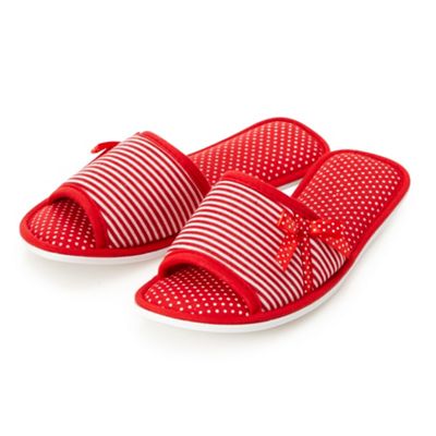 Red striped and polka dotted mule slippers                                                                                      
