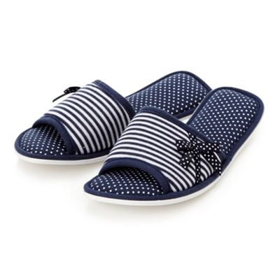 Navy striped and polka dotted mule slippers                                                                                     