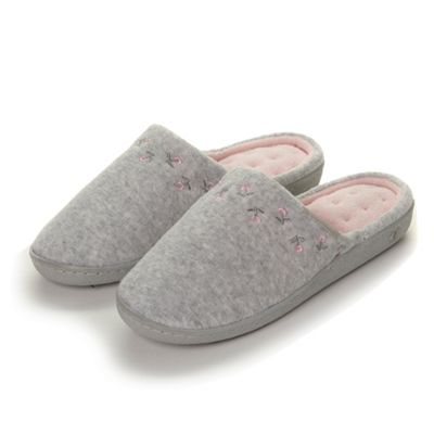 Grey floral embroidered mule slippers                                                                                           