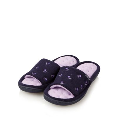 Navy open toe embroidered mule slippers                                                                                         