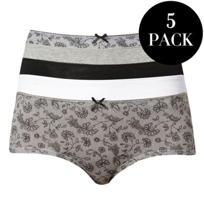 Pack of five white, grey and black floral low rise shorts