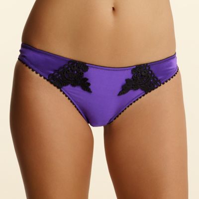 Purple embroidered and lace trim thong