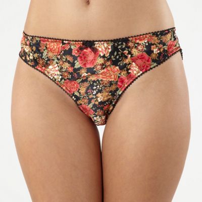 Red and black floral print satin brazilian briefs