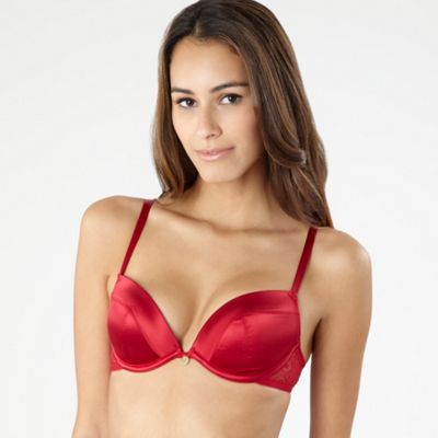 Red lace trim silk mix plunge bra
