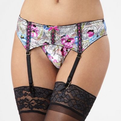 White floral silk mix and lace trim suspender belt