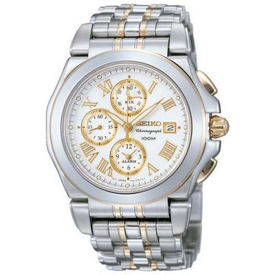 Seiko Mens white chronograph dial with two tone