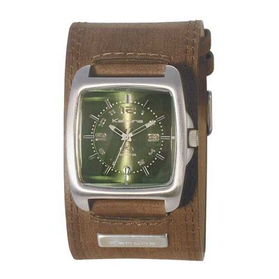 Men's green square dial with brown cuff watch
