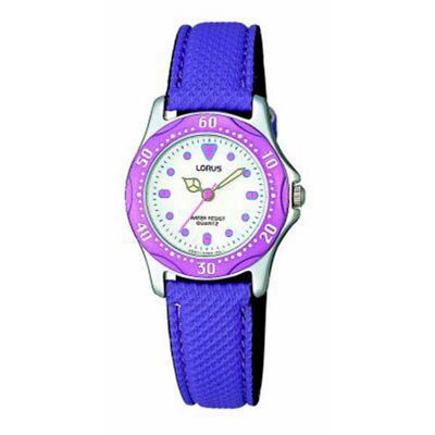 Girls round dial with blue fabric strap watch