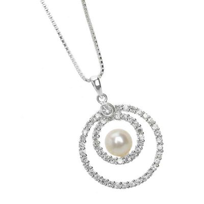 Vicenza Sterling silver double circle and pearl drop necklace