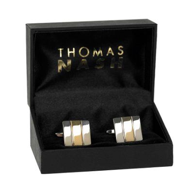 Thomas Nash Silver thick gold stripe square cufflinks