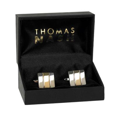 Silver thick gold stripe square cufflinks