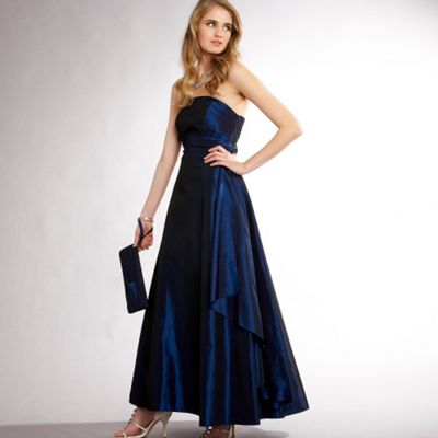 Midnight blue taffeta sash front ball gown