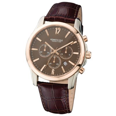 Men's round gold chronograph brown face with brown leather strap watch