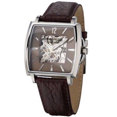 Men's brown skeleton dial brown leather strap watch