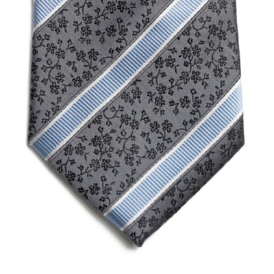 Grey Stripe & Floral Pure Silk Tie