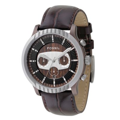 Men's black multi dial watch with brown  strap