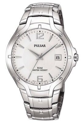 Mens silver watch with white rounded dial
