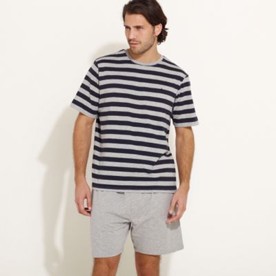 Navy block stripe t-shirt and grey jersey shorts