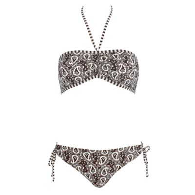 Brown paisley print ruched side bikini briefs
