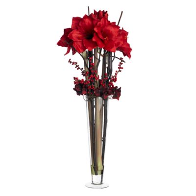Red amaryllis and berries in tall glass vase