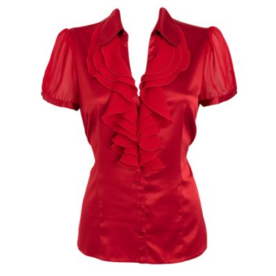 Red satin ruffle front blouse