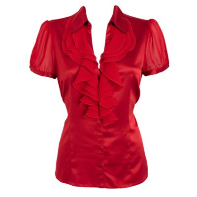 Red satin ruffle front blouse