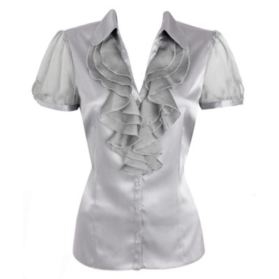 Petite silver satin ruffle front blouse