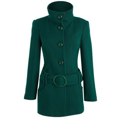 Green drop waist belted coat