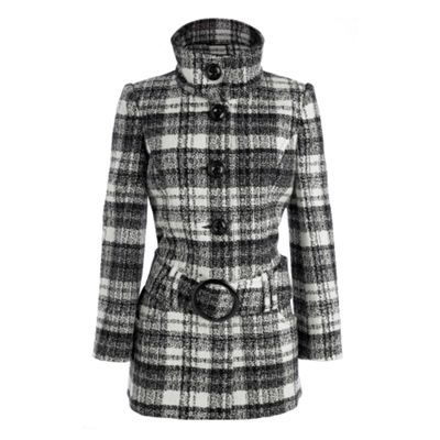 Black check drop waist belted coat