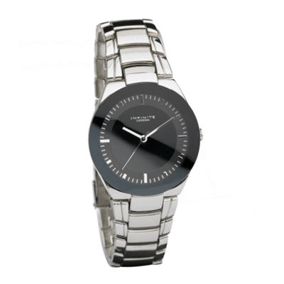 Silver coloured black round face watch