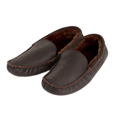 Chocolate leather moccasin slippers