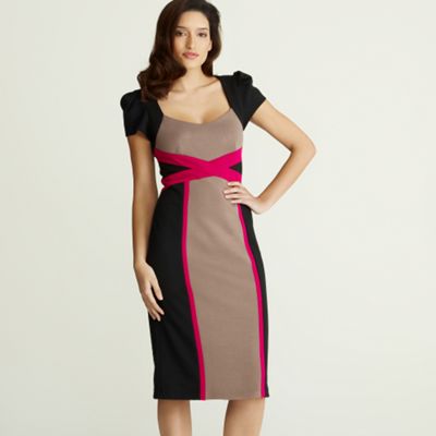 Black & taupe colour block dress