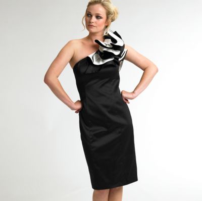 Black and ivory one shoulder ruffle dress