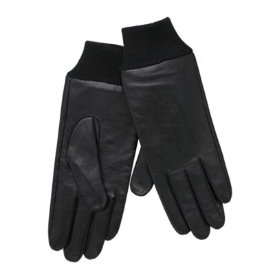 Black ribbed cuff leather gloves