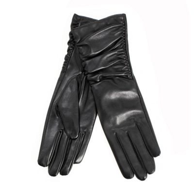 Black ruched leather long gloves