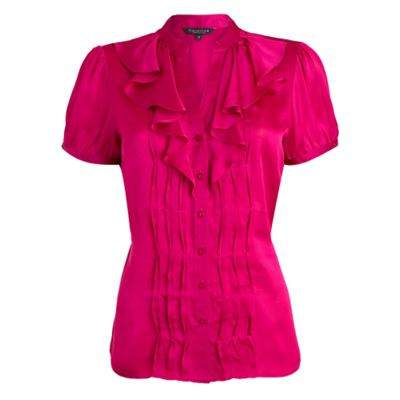 Pink satin ruffle blouse
