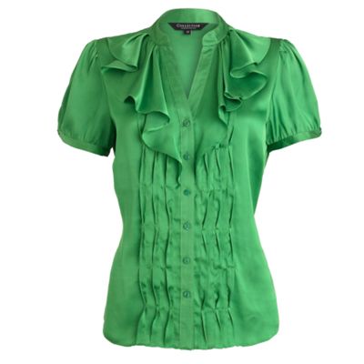Green satin ruffle blouse