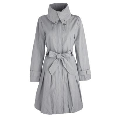 Silver puffball trench coat