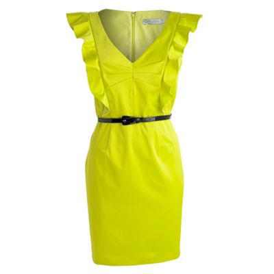 Chartreuse frill belted satin dress
