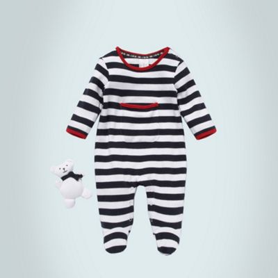 Designer Babies navy striped baby grow and teddy bear set                                                                       