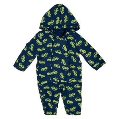 Babys navy padded car print puddlesuit