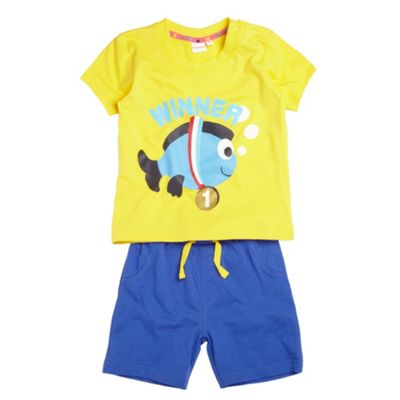 bluezoo Babys yellow t-shirt and blue shorts set
