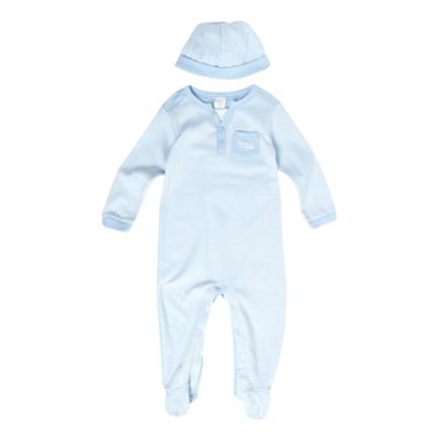 Babys light blue striped sleepsuit and hat set