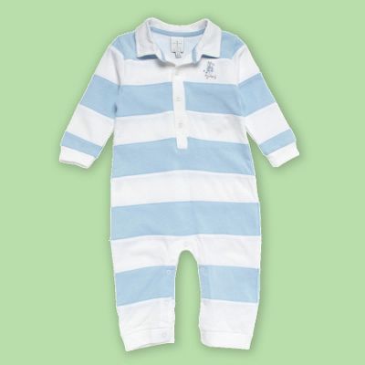 Babys light blue and white stripe romper suit