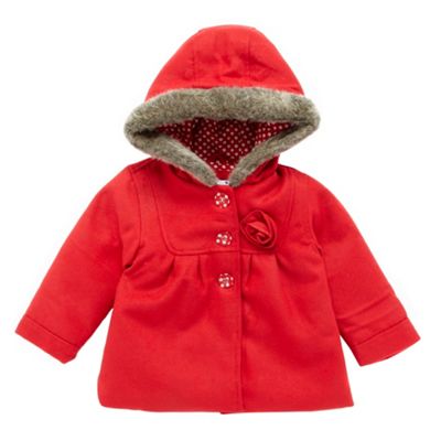 Babys red faux fur trim hood coat