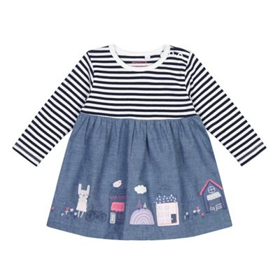 bluezoo - Baby girls' blue striped chambray applique dress