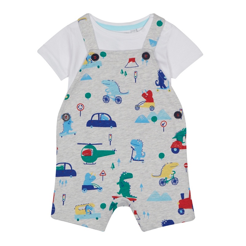 bluezoo - Baby Boys' Grey Dinosaur Print Dungarees And White Bodysuit Set Review