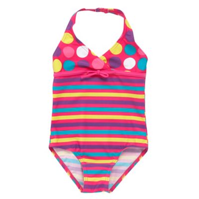 bluezoo Girls pink spot and stripe swimsuit
